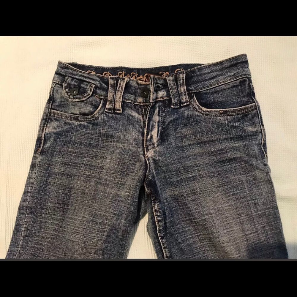 NWOT Dollhouse wide leg  embroidery distressed fit&flare denim blue jeans 0x32 - Picture 2 of 3